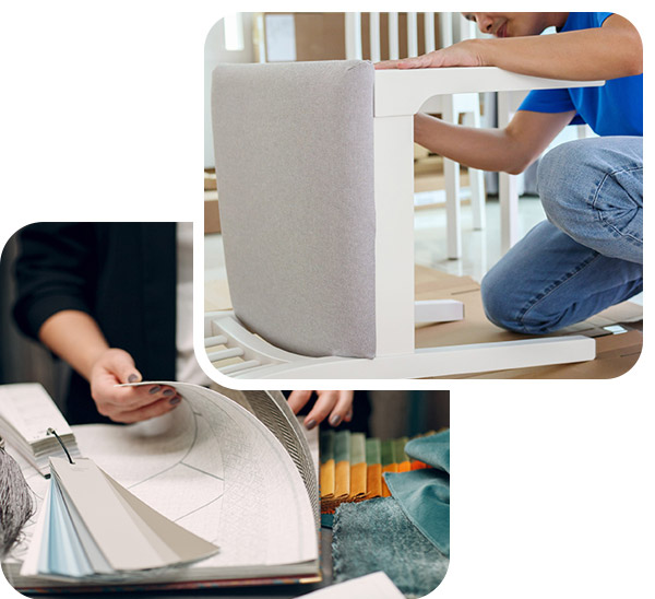 Furniture upholstery service showing chair repair and fabric samples