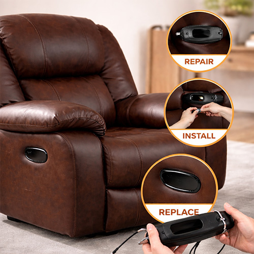 Recliner chair handle repair and replacement process, showing installation and fixing of reclining mechanism