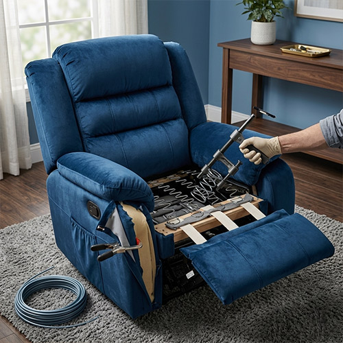 Recliner chair spring repair with exposed internal structure, fixing support system and restoring comfort