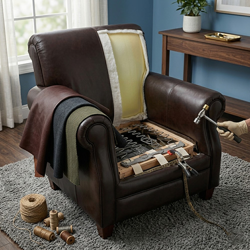 Recliner chair undergoing fabric and leather replacement, showing internal structure and upholstery process