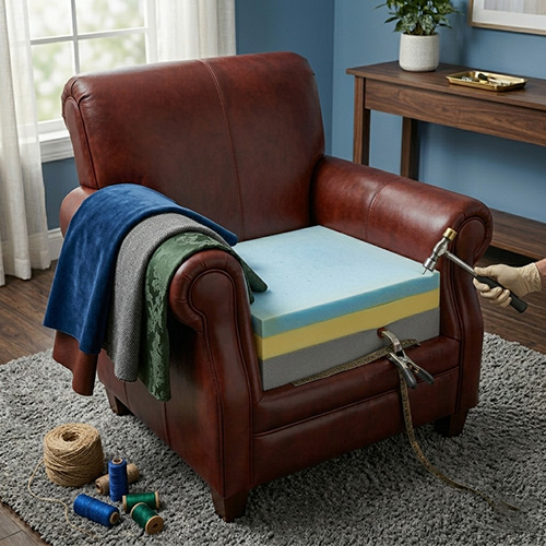Recliner chair foam and cushion upgrade with new padding layers for improved comfort and support