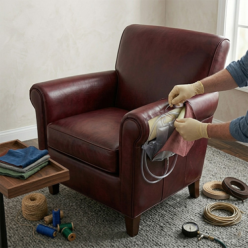 Recliner chair armrest repair and padding process, enhancing comfort and restoring upholstery