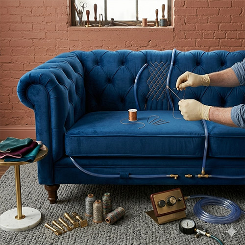 Recliner sofa with custom stitching and finishing details, showcasing upholstery craftsmanship and design