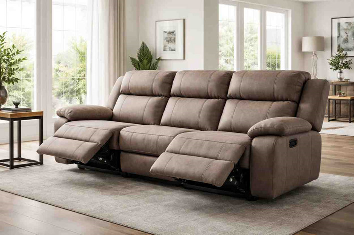 Modern recliner sofa with extended footrests in a living room, showcasing upholstery design and comfort