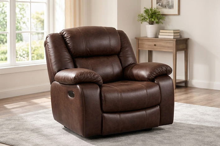 Single recliner chair in a living room with premium upholstery, highlighting comfort and elegant design