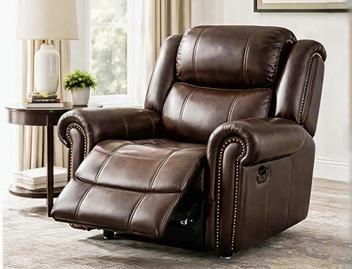 Brown leather recliner chair with extended footrest, showcasing premium upholstery and classic design