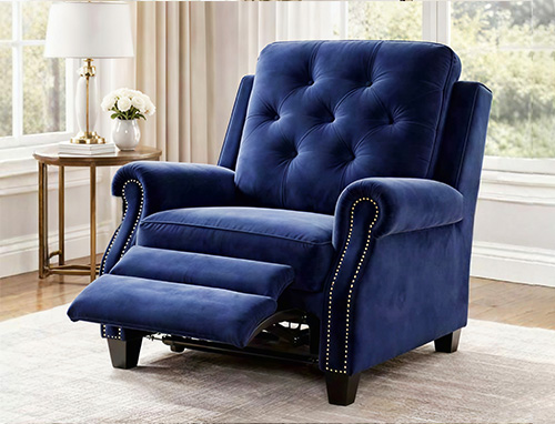 Blue velvet recliner chair with tufted backrest and footrest, featuring luxurious and elegant upholstery