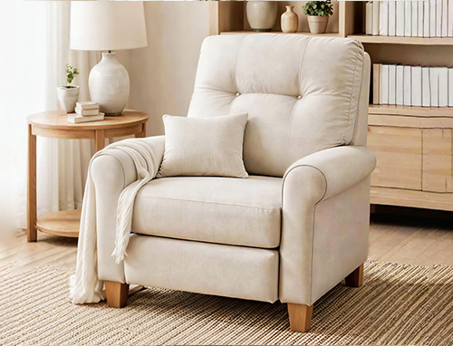 Linen and cotton recliner chair with soft cushions, showcasing breathable and comfortable upholstery