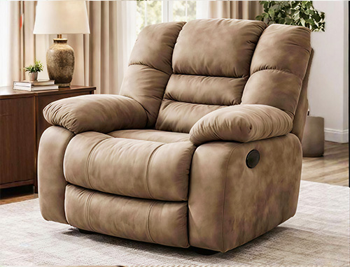 Suede recliner chair with plush cushioning, highlighting soft texture and premium upholstery finish