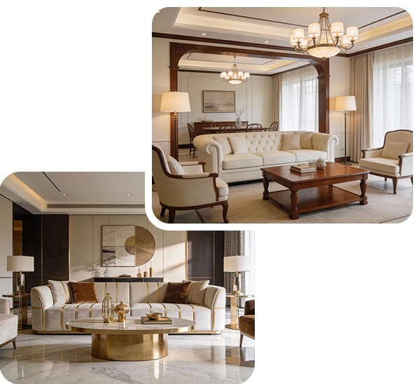 Premium furniture upholstery with classic sofa and interior decor